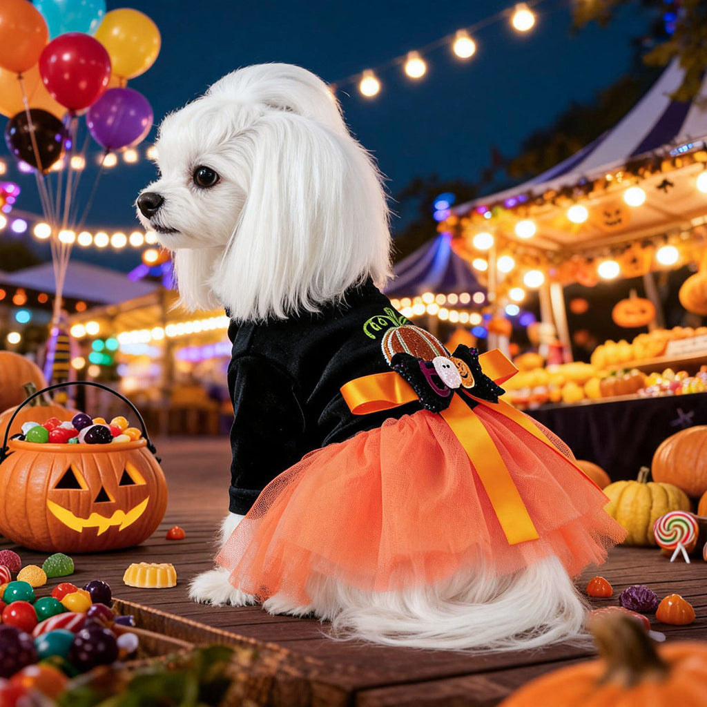 Halloween Pumpkin Pet Tulle Skirt Velvet Ghost Bow Dress for Dogs and Cats Holiday Costume