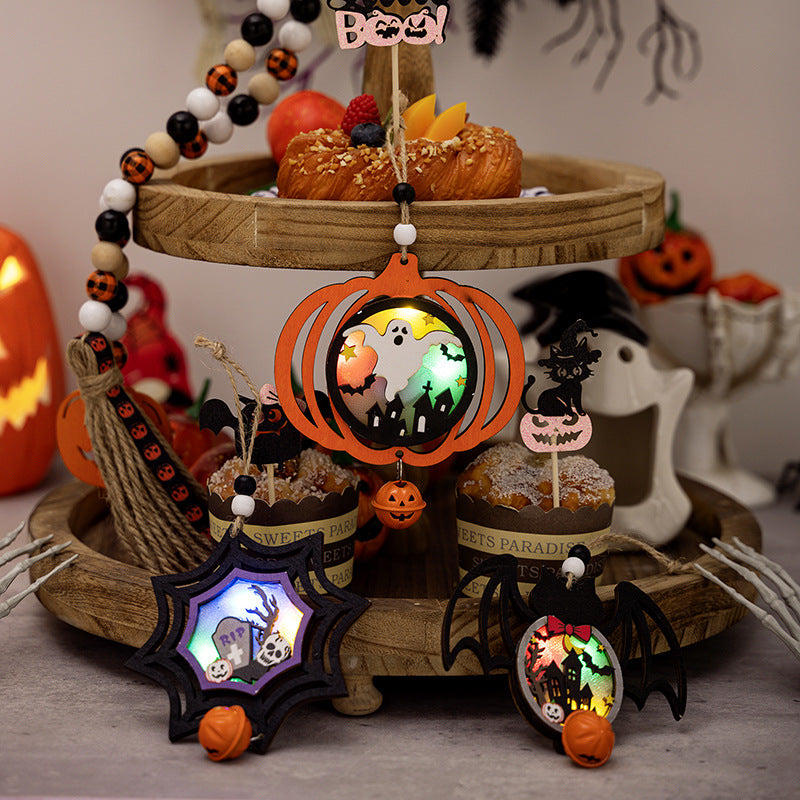 Halloween Wooden Lantern Hanging Pumpkin Pendant, Ghost Festival Atmosphere Decoration, Luminous Horror Pumpkin Spider Pendant